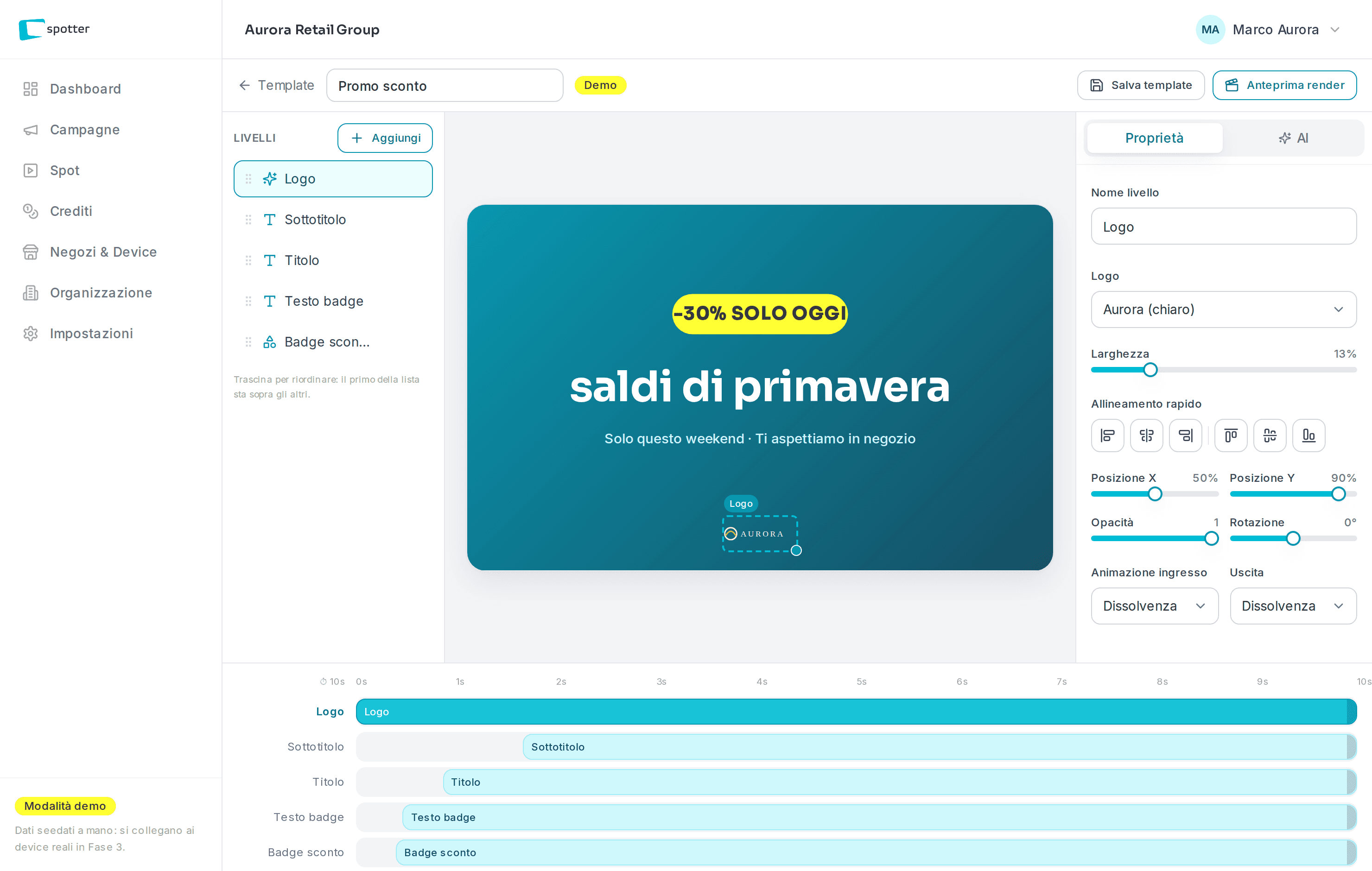 Il video builder di Spotter: canvas, timeline e proprietà del livello